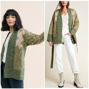 Anthropologie Quilted Patchwork Jacket Womens M Green Open Front Boho FLAW